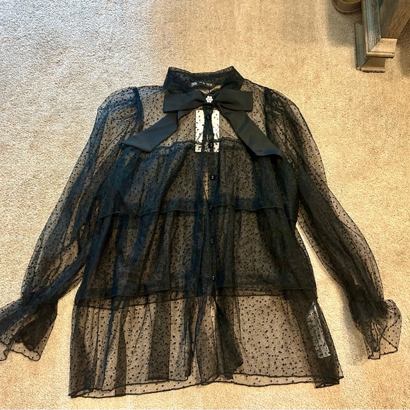Zara NWT Black Sheer Tiered Bow Blouse - Picture 3 of 5